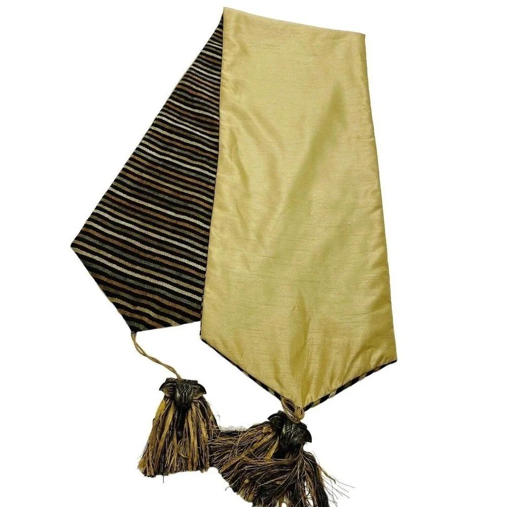 Reversible Silk Shantung Table Runner Velour Stripe 11x58‎ Gold Tones Elephant
